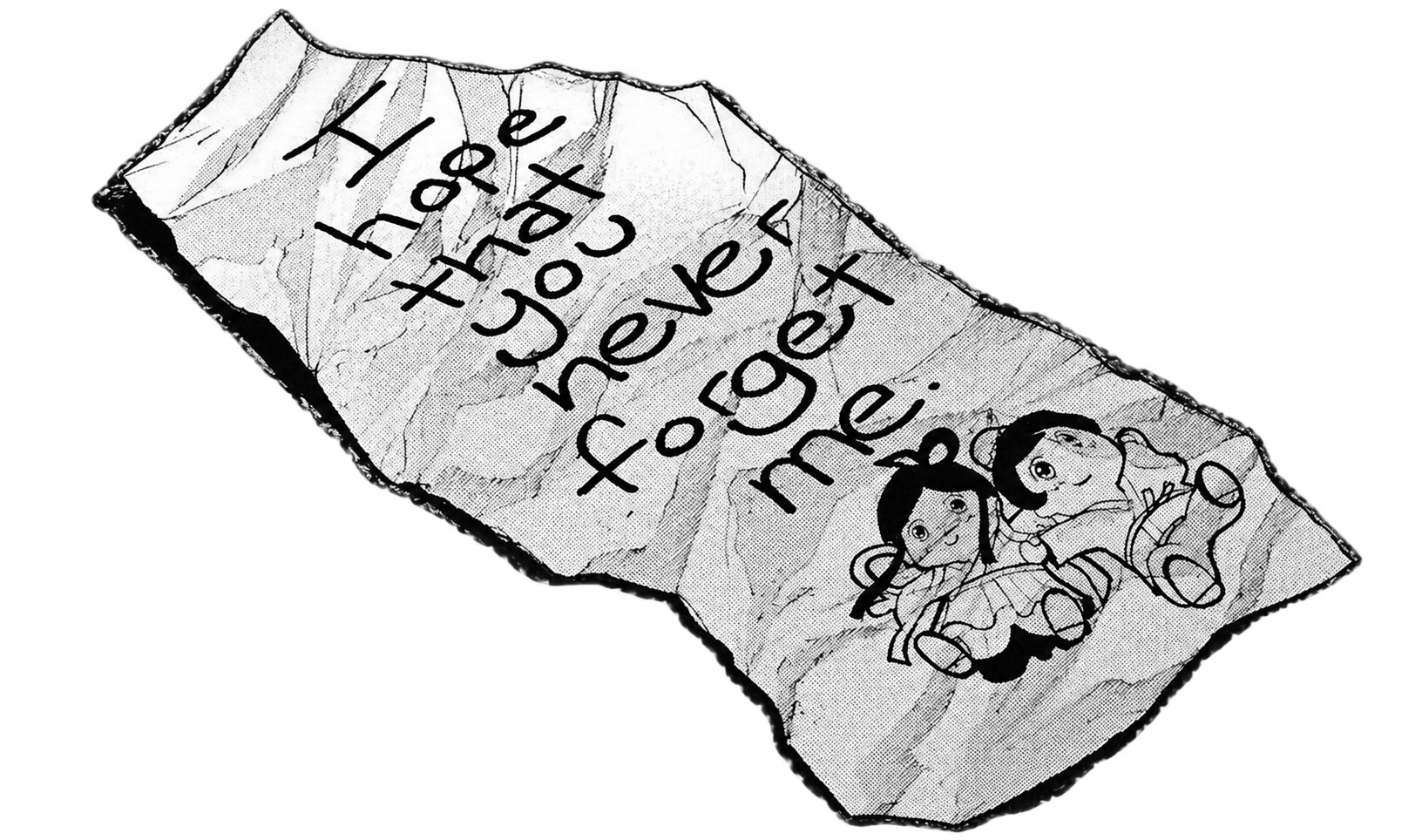 I hope that you never forget me, handwritten on torn paper